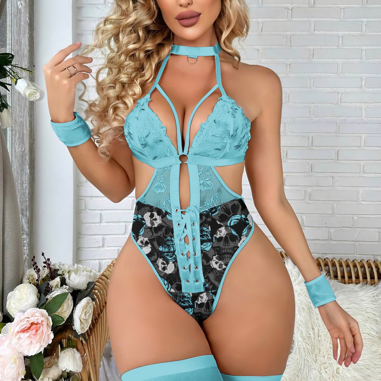 Baby Blue Skull Floral Embroidery Mesh Lace Up Front Teddy Bodysuit