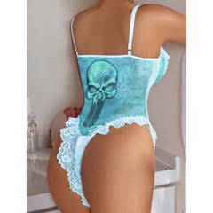 Babyblue Skull Women's Mesh Lace Bodysuit Lingerie Sleepwear Set showcasing the 'Skull Rebel Art' design in Baby Blue. Delicate ruffle and floral lace details, adjustable straps, and removable padding for comfort. Flexible fabric for a flattering fit. Perfect for intimate moments.
