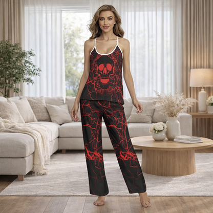 Red Thunder Skull Rose Cami Pajamas Sets For Women Sleepwears Combo