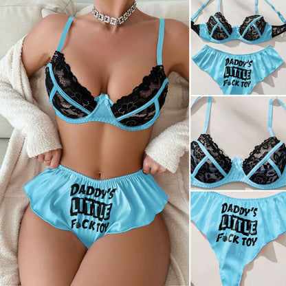 Wonder Skull's Contrast Lace Bra and Panty Set with a playful 'Daddy's Little F Toy' print for a bold and unique touch.