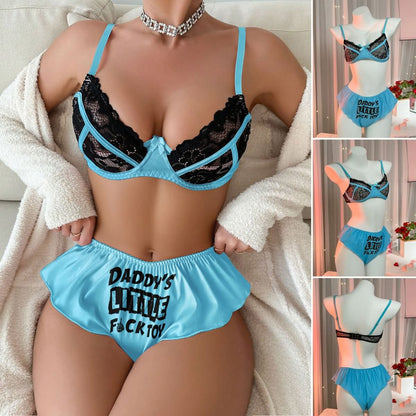 Wonder Skull's Contrast Lace Bra and Panty Set with a playful 'Daddy's Little F Toy' print for a bold and unique touch.