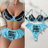 Wonder Skull's Contrast Lace Bra and Panty Set with a playful 'Daddy's Little F Toy' print for a bold and unique touch.