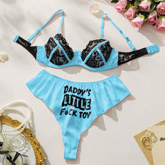 Wonder Skull's Contrast Lace Bra and Panty Set with a playful 'Daddy's Little F Toy' print for a bold and unique touch.