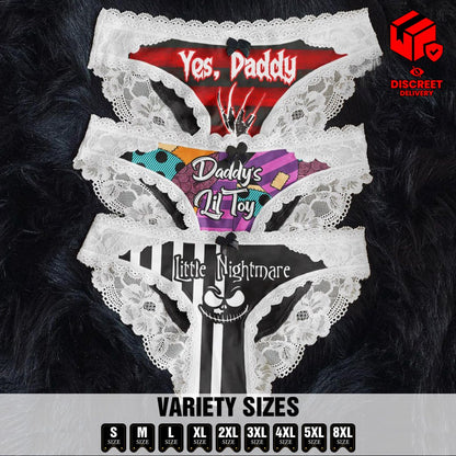 Wonder Skull Sinful Strings Lace Panty Set is for those who love mixing sweet with sassy. The white lace contrasts with bold gothic graphics and cheeky sayings, creating underwear that's both innocent and playful. Designed to make you feel confident and unstoppable, this set is perfect for treating yourself or planning a fun surprise. Comfort and attitude, all in one.