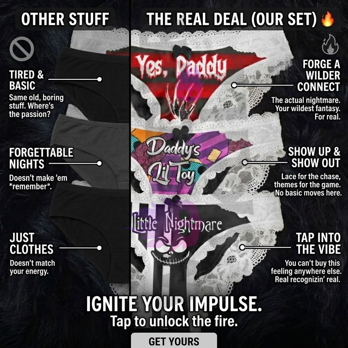 Wonder Skull Sinful Strings Lace Panty Set is for those who love mixing sweet with sassy. The white lace contrasts with bold gothic graphics and cheeky sayings, creating underwear that's both innocent and playful. Designed to make you feel confident and unstoppable, this set is perfect for treating yourself or planning a fun surprise. Comfort and attitude, all in one.