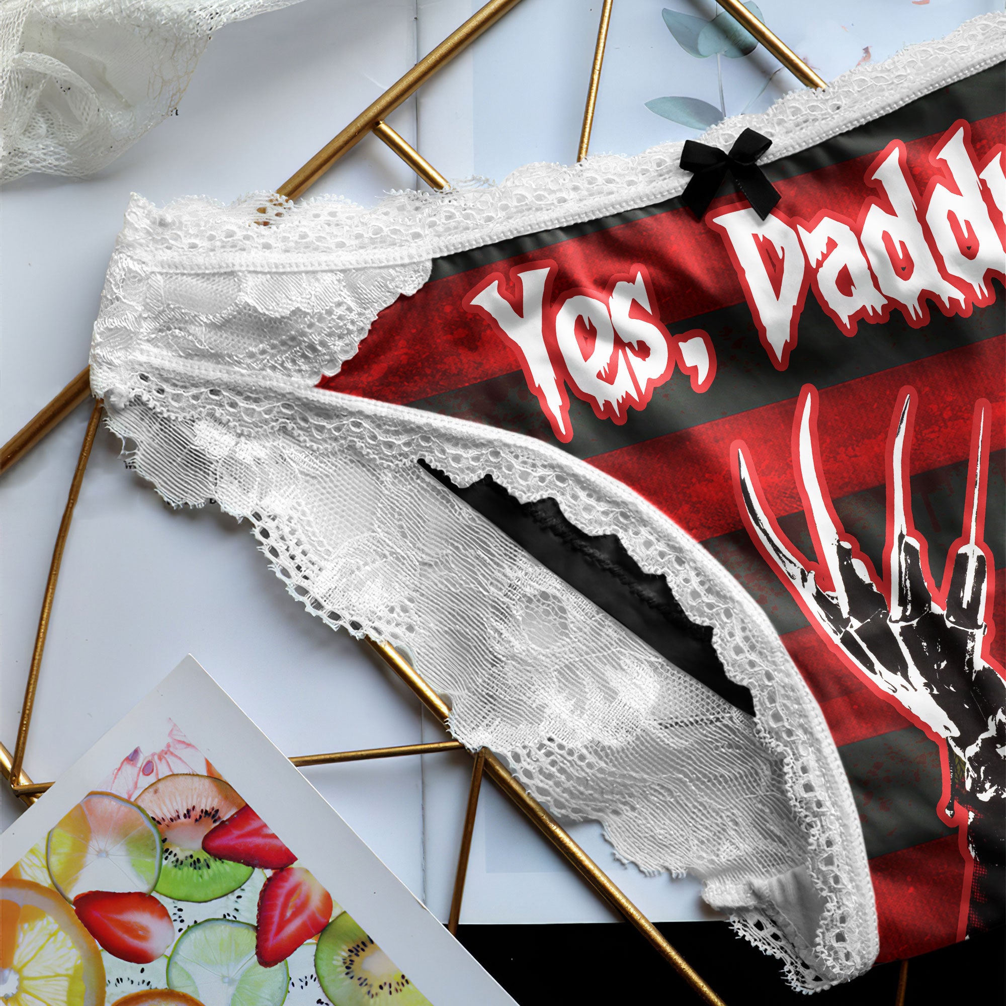 Women's lace undergarment set with cute horror movie theme.