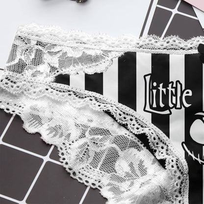 Wonder Skull Sinful Strings Lace Panty Set is for those who love mixing sweet with sassy. The white lace contrasts with bold gothic graphics and cheeky sayings, creating underwear that's both innocent and playful. Designed to make you feel confident and unstoppable, this set is perfect for treating yourself or planning a fun surprise. Comfort and attitude, all in one.