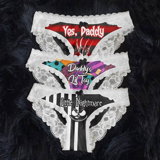 Wonder Skull Sinful Strings Lace Panty Set is for those who love mixing sweet with sassy. The white lace contrasts with bold gothic graphics and cheeky sayings, creating underwear that's both innocent and playful. Designed to make you feel confident and unstoppable, this set is perfect for treating yourself or planning a fun surprise. Comfort and attitude, all in one.