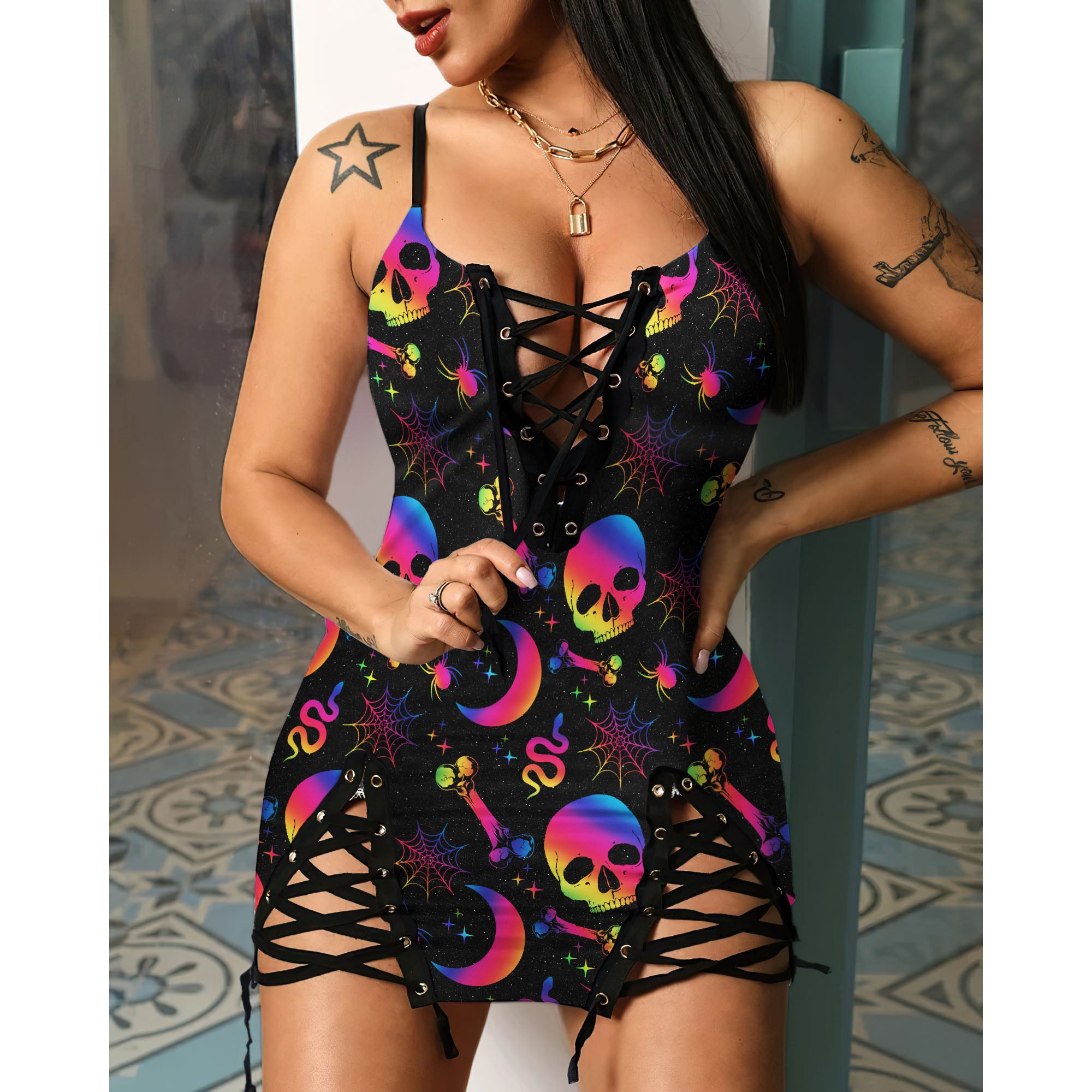 Express your personal style with the Hot Gothic Dress, a timeless piece featuring a unique Rainbow Skulls Witches, perfect for enhancing your daily fashion routine.