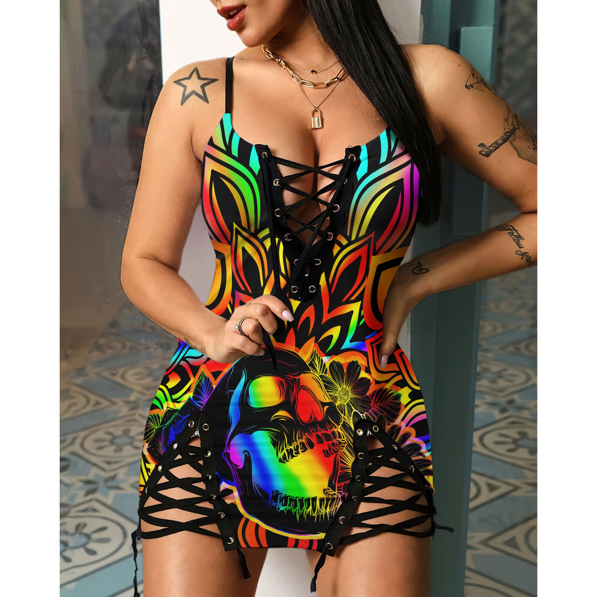 Express your personal style with the Hot Gothic Dress, a timeless piece featuring a unique Colorful Skull Mandala, perfect for enhancing your daily fashion routine.