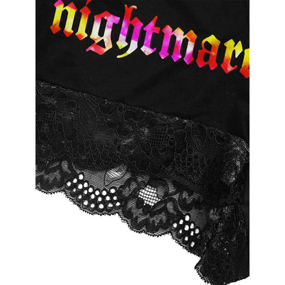 Transform your nighttime routine with the Wonder Skull glow-in-the-dark sleepwear set. The vibrant rainbow skull graphics absorb light by day and glow when darkness falls. Made from a buttery-soft, breathable fabric, this set keeps you cool all night. The delicate, dotted lace trim adds a feminine touch without being scratchy, while adjustable spaghetti straps ensure a perfect fit. This three-piece set includes a matching cami, shorts, and thong, letting you express your bold personality in comfort.