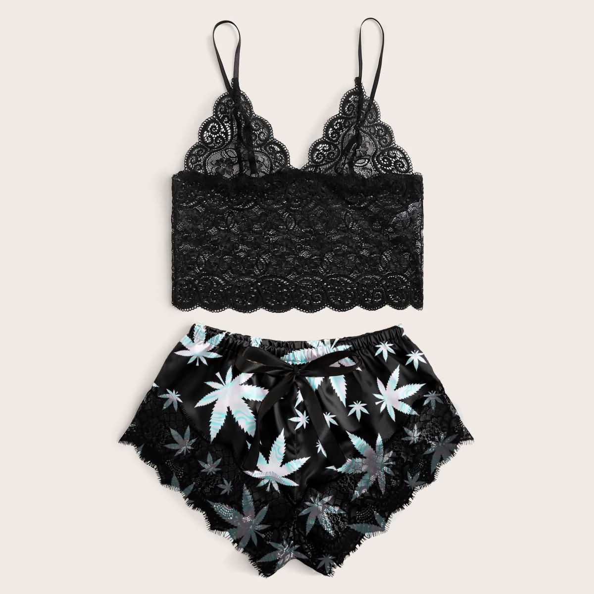 High Life Lace Trim Pajama Lingerie Sleepwear Shorts Set