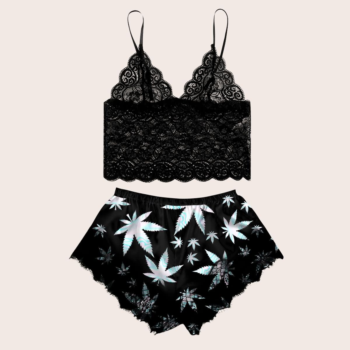 High Life Lace Trim Pajama Lingerie Sleepwear Shorts Set