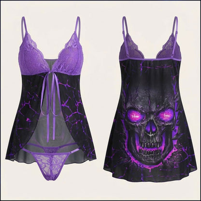 Wonder Skull Lace Babydoll Lingerie Set in bold Skull Purple combines soft lace and mesh for sexy, comfortable sleepwear. Featuring a seductive fly-away front, oversized satin bow, and matching lace thong, it’s perfect for special occasions like weddings, anniversaries, or Valentine’s Day. Stylish and sensual nightwear for confident women!