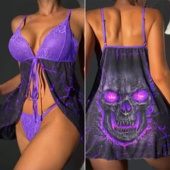 Wonder Skull Lace Babydoll Lingerie Set in bold Skull Purple combines soft lace and mesh for sexy, comfortable sleepwear. Featuring a seductive fly-away front, oversized satin bow, and matching lace thong, it’s perfect for special occasions like weddings, anniversaries, or Valentine’s Day. Stylish and sensual nightwear for confident women!