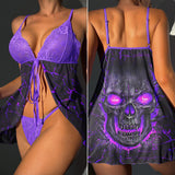 Lace Babydoll Lingerie Set For Women, Skull Purple Open Front Sleepwear Halter Nighty Chemise