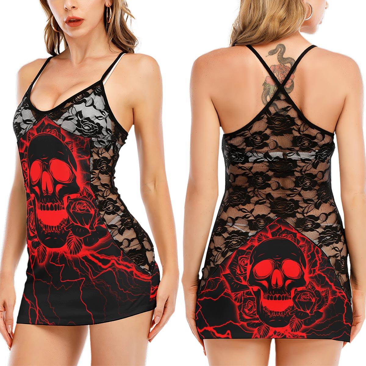 Skull Red Rose Gothic Thunder Black Lace Sleepwears Babydol Dresses - Wonder Skull
