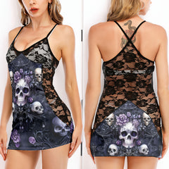 Purple Skull Gothic Women's Black Lace Cami Dress Babydolls Nightgowns