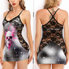 Pink Skull Melting Women's Black Lace Cami Dress Babydolls Nightgowns