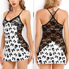 Black & White Skull Pattern Women's Black Lace Cami Dress Babydolls Nightgowns