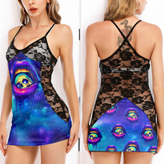 Abstract Fantasy Skull Lip Women's Black Lace Cami Dress Babydolls Nightgowns