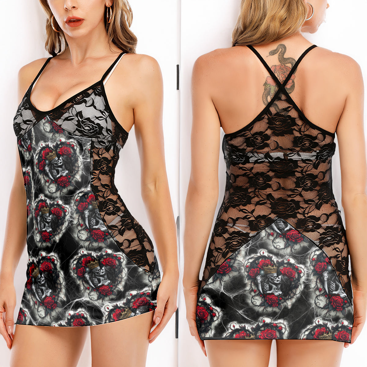Couple Skeleton Pattern Women's Black Lace Cami Dress Babydolls Nightgowns