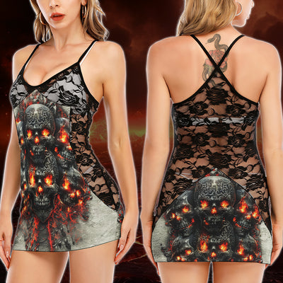 Gothic Fire Skulls Women's Black Lace Babydolls Nightgowns | Women Sleepwear Babydoll, Nightgowns