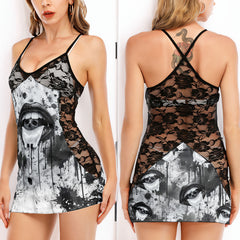 Black & White Skull Lip Women's Black Lace Cami Dress Babydolls Nightgowns