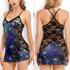 Galaxy Skull Rose Women's Black Lace Cami Dress Babydolls Nightgowns