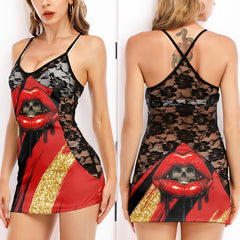 Red Skull Lip Glitter Women's Black Lace Cami Dress Babydolls Nightgowns