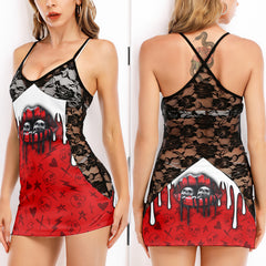 Red Skull Lip Melting Women's Black Lace Cami Dress Babydolls Nightgowns