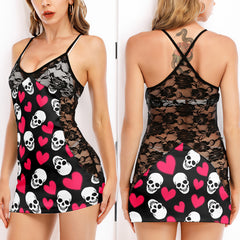 Pink Skull Heart Pattern Women's Black Lace Cami Dress Babydolls Nightgowns