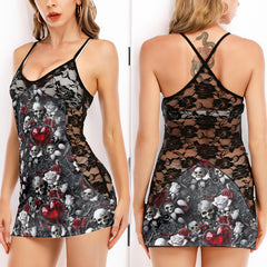 Skull Heart Gothic Pattern Women's Black Lace Cami Dress Babydolls Nightgowns