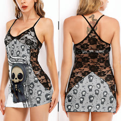 Grim Reaper Pattern Art Women's Black Lace Cami Dress Babydolls Nightgowns