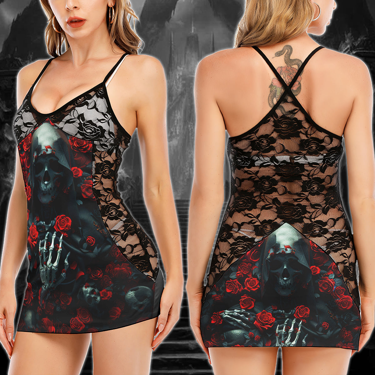 Grim Reaper Rose Pattern Women's Black Lace Babydolls Nightgowns | Women Sleepwear Babydoll, Nightgowns