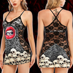 Skull Lips Gothic Art Women's Black Lace Babydolls Nightgowns | Women Sleepwear Babydoll, Nightgowns