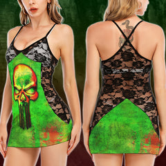 Holographic Green Skull Art Women's Black Lace Babydolls Nightgowns | Women Sleepwear Babydoll, Nightgowns