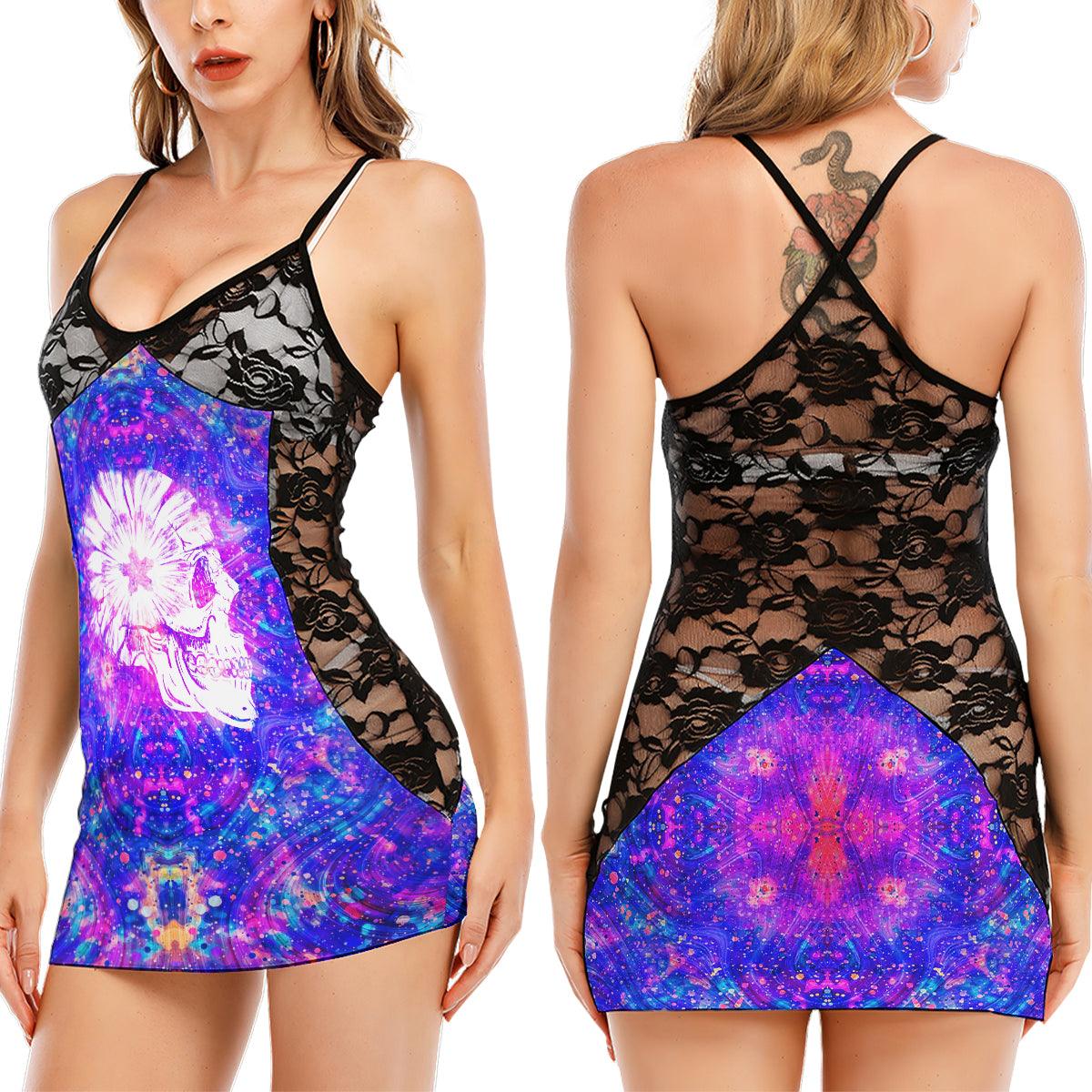 Abstract Galaxy Skull Flower Women's Black Lace Babydolls Nightgowns | Women Sleepwear Babydoll, Nightgowns