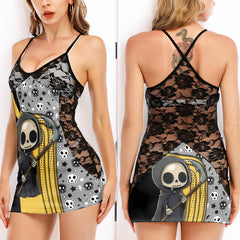 Yellow Grim Reaper Art Women's Black Lace Cami Dress Babydolls Nightgowns