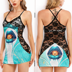 Cyan Skull Lip Glitter Women's Black Lace Cami Dress Babydolls Nightgowns