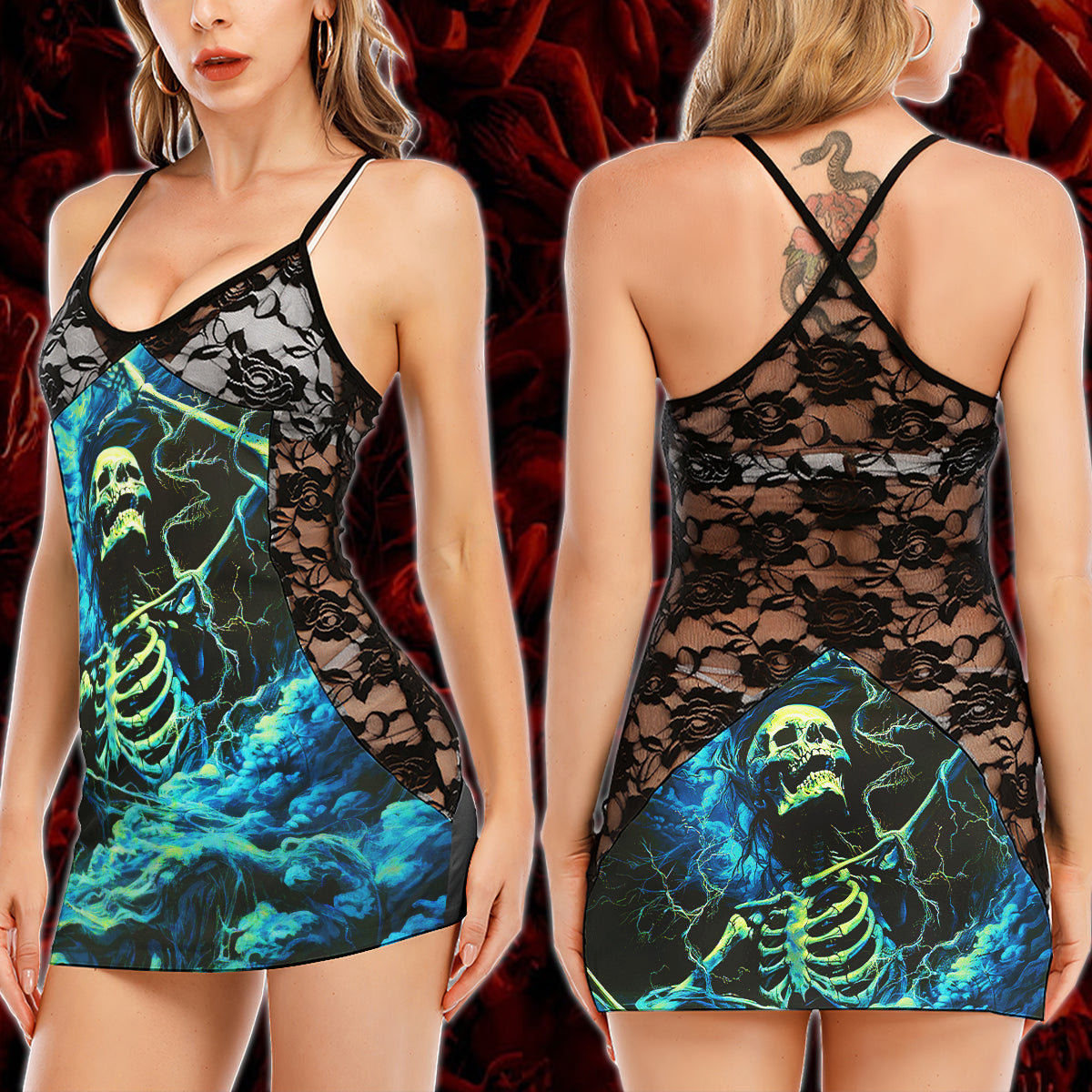 Cyan Skeleton Thunder Art Women's Black Lace Babydolls Nightgowns | Women Sleepwear Babydoll, Nightgowns