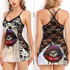 Pastel Skull Lip Art Women's Black Lace Cami Dress Babydolls Nightgowns