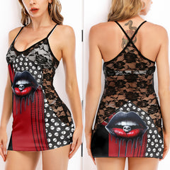 Black Red Skull Pattern Women's Black Lace Cami Dress Babydolls Nightgowns