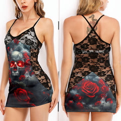 Black Skull Rose Gothic  Women's Black Lace Cami Dress Babydolls Nightgowns