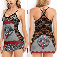 Red Metal Skull Lip Women's Black Lace Cami Dress Babydolls Nightgowns