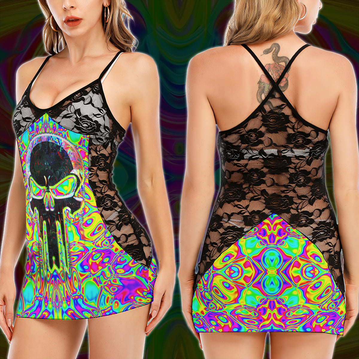 Abstract Black Skull Art Women's Black Lace Babydolls Nightgowns | Women Sleepwear Babydoll, Nightgowns