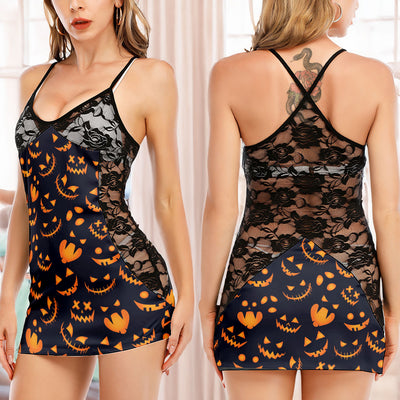 Pattern Orange Scary Face Women's Black Lace Babydolls Nightgowns | Women Sleepwear Babydoll, Nightgowns