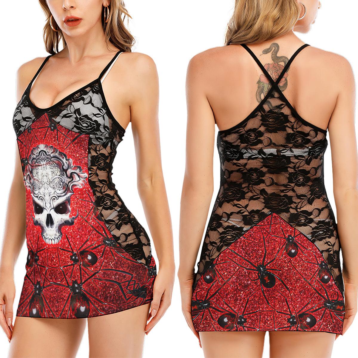 Red Skull Spider Gothic Women's Black Lace Babydolls Nightgowns | Women Sleepwear Babydoll, Nightgowns