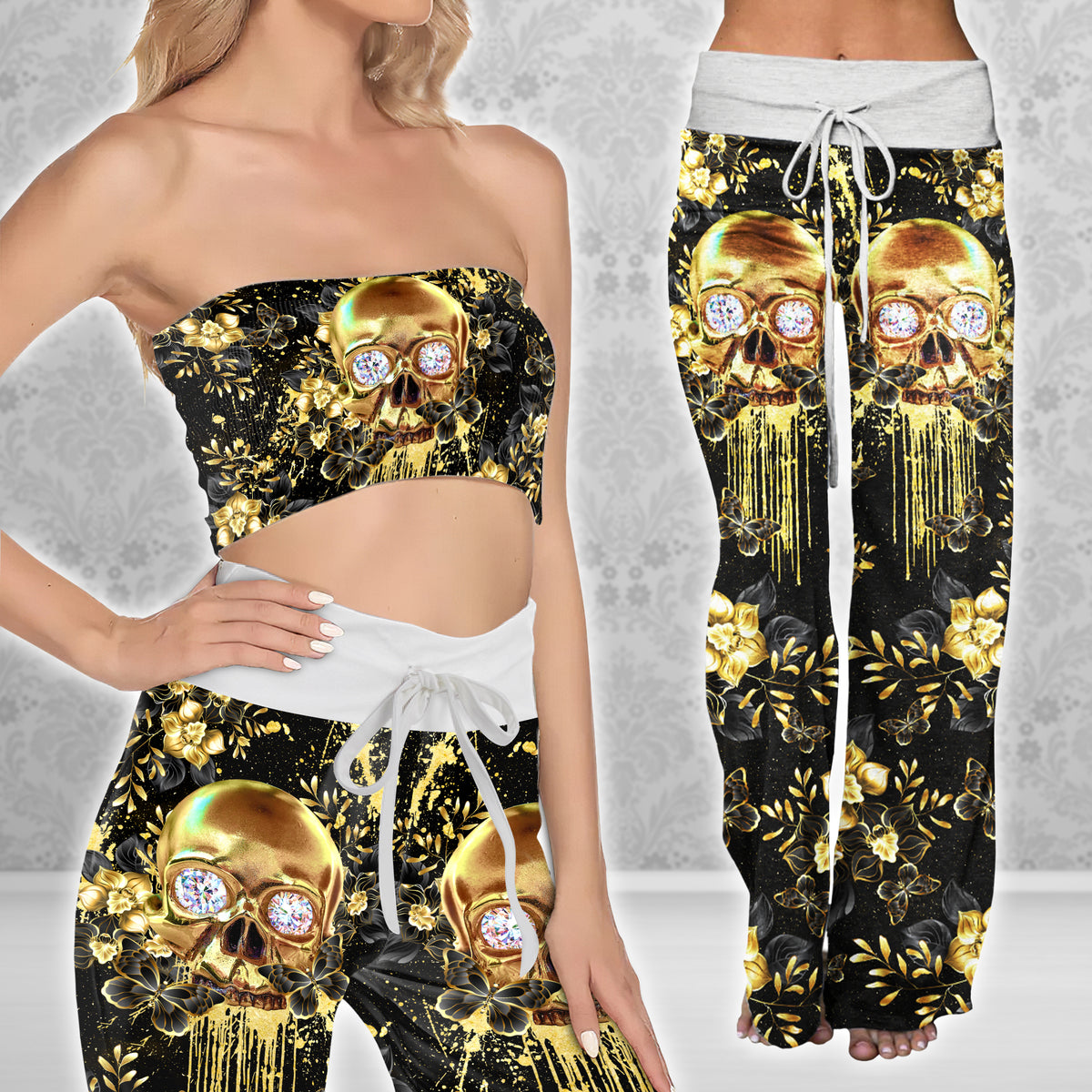 Image featuring a stylish set of women's tube top and high-waisted pants, perfect for summer outings and beachwear. The ensemble exudes a trendy and chic vibe, ideal for resort vacations, beach parties, and poolside lounging. The tube top offers a flattering silhouette, while the high-waisted pants provide comfort and style. This fashionable outfit set is a must-have for anyone looking to make a statement under the sun.