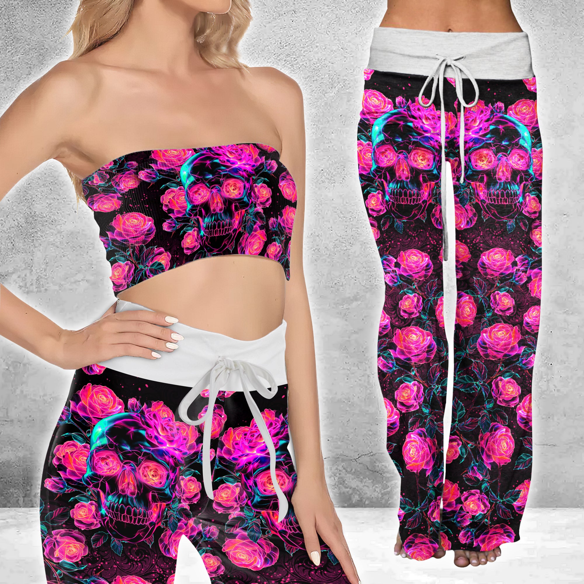 Image featuring a stylish set of women's tube top and high-waisted pants, perfect for summer outings and beachwear. The ensemble exudes a trendy and chic vibe, ideal for resort vacations, beach parties, and poolside lounging. The tube top offers a flattering silhouette, while the high-waisted pants provide comfort and style. This fashionable outfit set is a must-have for anyone looking to make a statement under the sun.